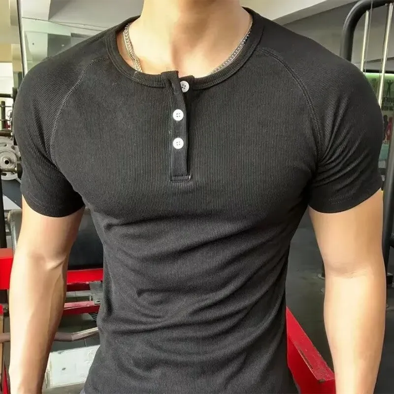 Men Fashion Casual Solid Color Short-Sleeve Slim-Fit V-Neck Ice Silk T-Shirt