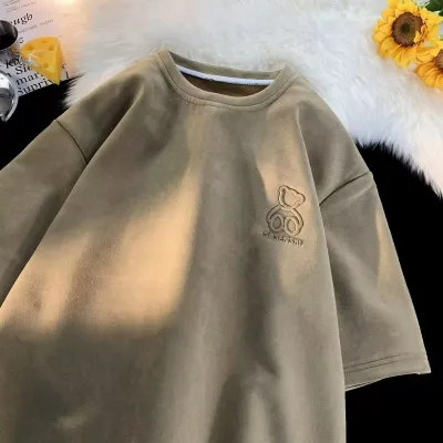 Men Fashion Casual Solid Color Bear Print Short Sleeve Loose T-Shirt