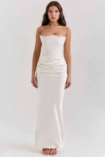 Women Fashion Elegant Solid Color Satin Tube Top Fishbone Pleated Long Dress