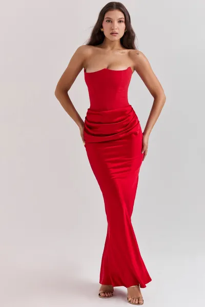 Women Fashion Elegant Solid Color Satin Tube Top Fishbone Pleated Long Dress