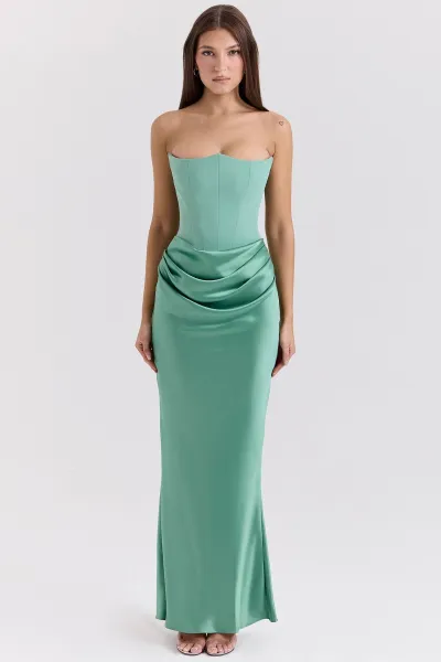 Women Fashion Elegant Solid Color Satin Tube Top Fishbone Pleated Long Dress