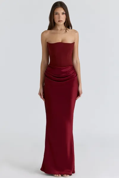 Women Fashion Elegant Solid Color Satin Tube Top Fishbone Pleated Long Dress
