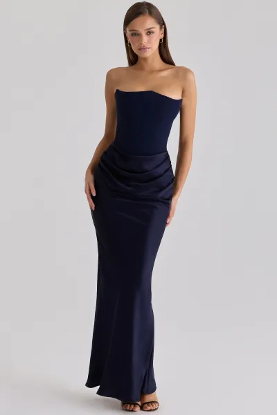 Women Fashion Elegant Solid Color Satin Tube Top Fishbone Pleated Long Dress