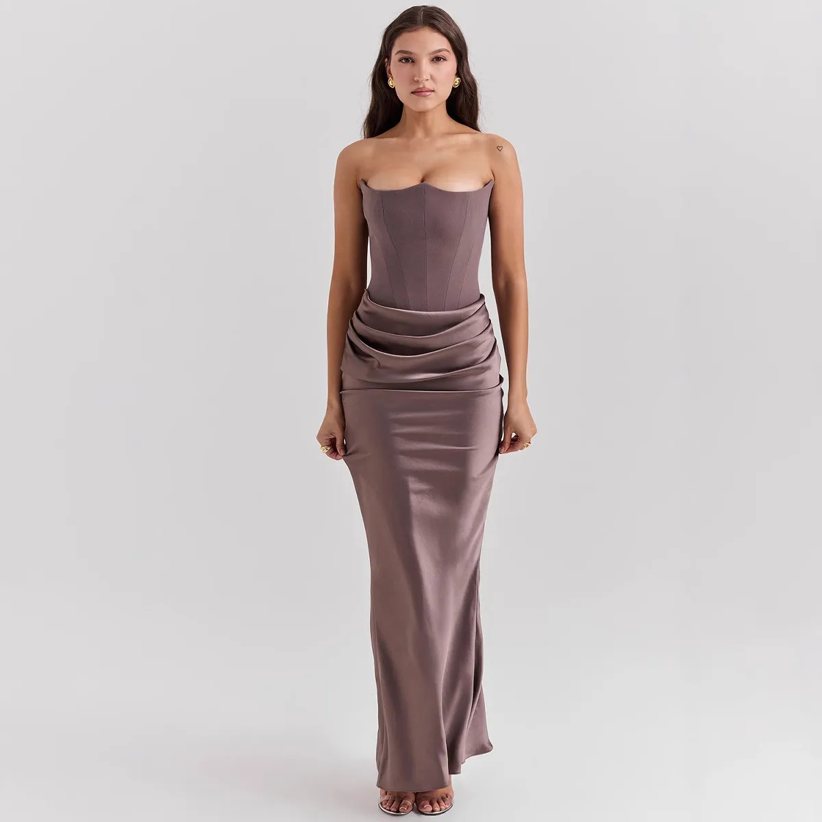 Women Fashion Elegant Solid Color Satin Tube Top Fishbone Pleated Long Dress