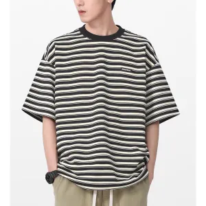 Men Fashion Casual Black White Stripe Short-Sleeve T-Shirt