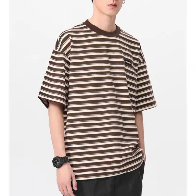 Men Fashion Casual Black White Stripe Short-Sleeve T-Shirt