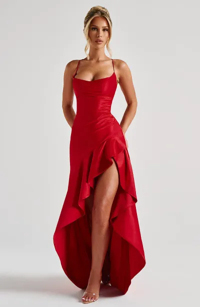 Women Fashion Summer Solid Color Irregular Spaghetti Strap Backless Ruffled Party Dress