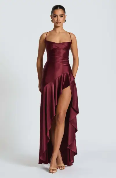 Women Fashion Summer Solid Color Irregular Spaghetti Strap Backless Ruffled Party Dress