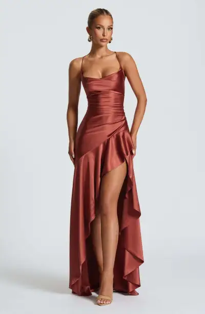 Women Fashion Summer Solid Color Irregular Spaghetti Strap Backless Ruffled Party Dress