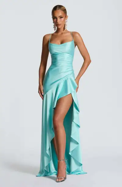 Women Fashion Summer Solid Color Irregular Spaghetti Strap Backless Ruffled Party Dress
