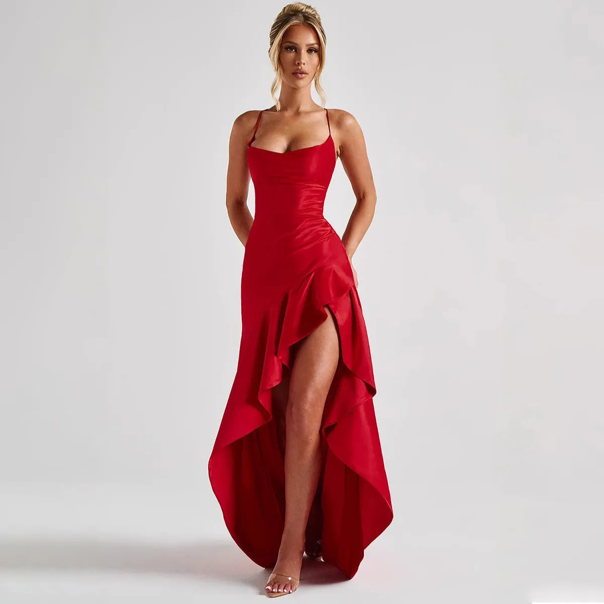 Women Fashion Summer Solid Color Irregular Spaghetti Strap Backless Ruffled Party Dress