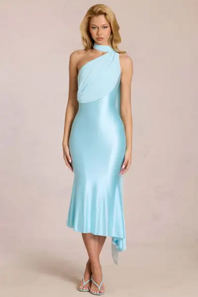 Women Fashion Elegant Solid Color Satin Halter-Neck Slim-Fit Dress