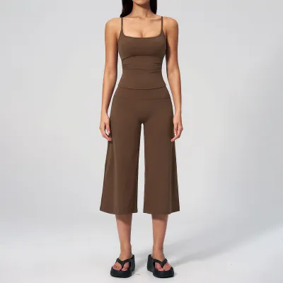 Women Fashion Casual Solid Color Camisole High Waist Quick-Drying Pants Yoga Sports Two-Piece Set