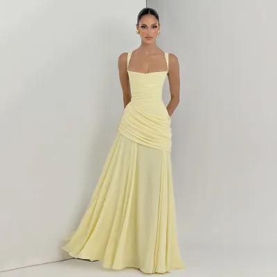 Women'S Fashion Elegant Spring Solid Color Pleated Strap Tight Waist Backless Dress