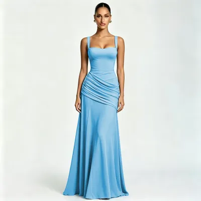 Women'S Fashion Elegant Spring Solid Color Pleated Strap Tight Waist Backless Dress