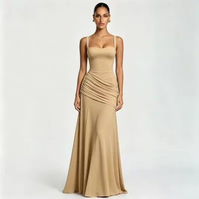 Women'S Fashion Elegant Spring Solid Color Pleated Strap Tight Waist Backless Dress
