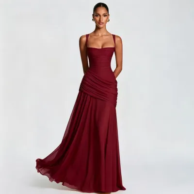 Women'S Fashion Elegant Spring Solid Color Pleated Strap Tight Waist Backless Dress