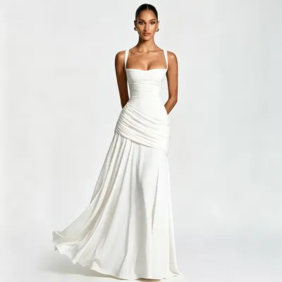 Women'S Fashion Elegant Spring Solid Color Pleated Strap Tight Waist Backless Dress