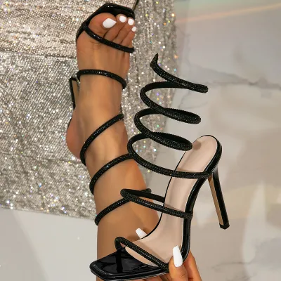 Women Fashion Rhinestone Snake Wrap Square-Toe Heeled Sandals