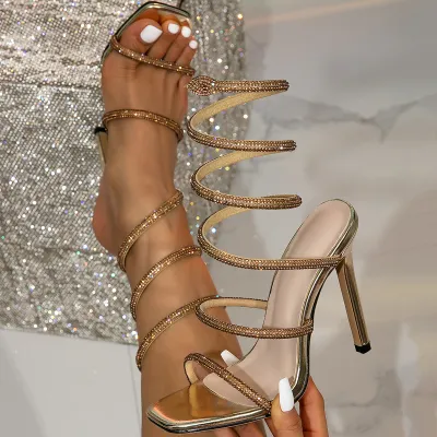Women Fashion Rhinestone Snake Wrap Square-Toe Heeled Sandals