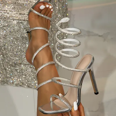 Women Fashion Rhinestone Snake Wrap Square-Toe Heeled Sandals