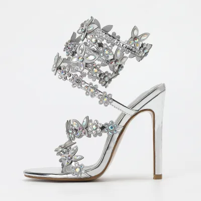 Women Rhinestone Strap Wrapped Heeled Sandals Stiletto High Heels