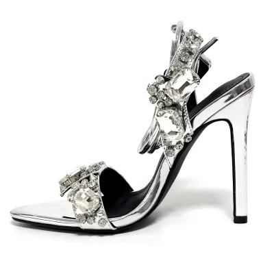 Women Pointed-Toe Rivet Rhinestone Heeled Sandals Extra-High Heels