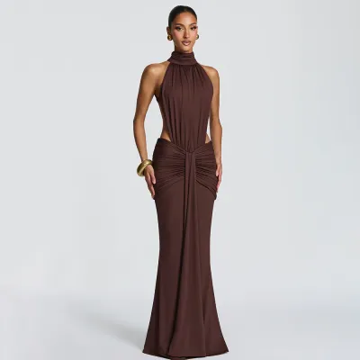 Women Fashion Sexy Elegant Spring Solid Color Sleeveless Backless Fishtail Dress