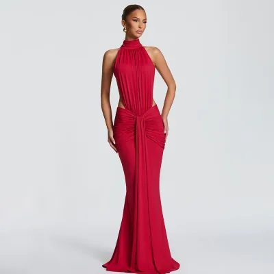 Women Fashion Sexy Elegant Spring Solid Color Sleeveless Backless Fishtail Dress