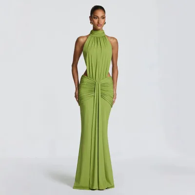 Women Fashion Sexy Elegant Spring Solid Color Sleeveless Backless Fishtail Dress