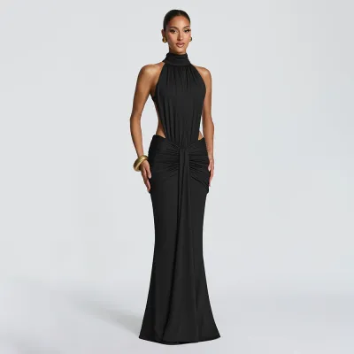 Women Fashion Sexy Elegant Spring Solid Color Sleeveless Backless Fishtail Dress