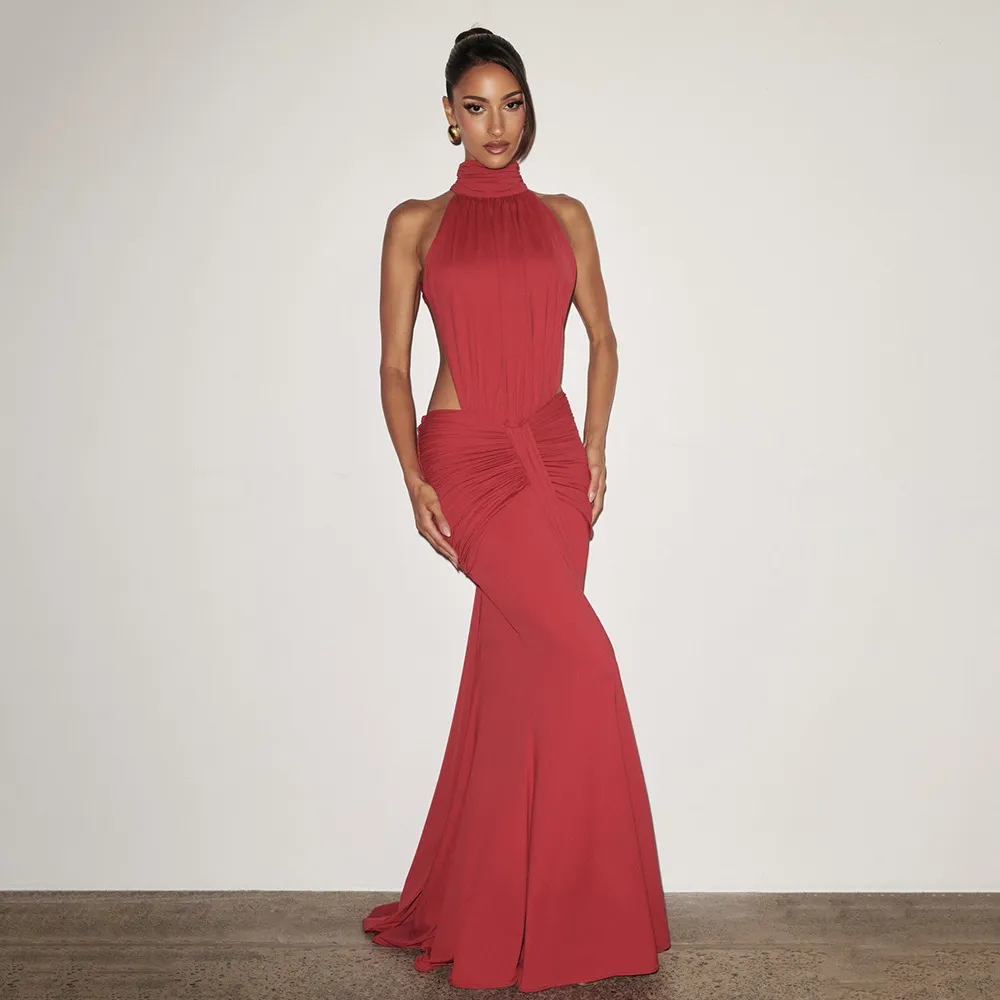Women Fashion Sexy Elegant Spring Solid Color Sleeveless Backless Fishtail Dress