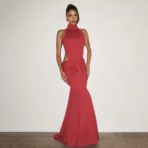 Women Fashion Sexy Elegant Spring Solid Color Sleeveless Backless Fishtail Dress