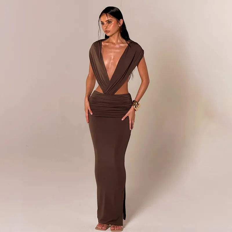 Women Fashion Sexy Summer Solid Color Sleeveless Neck Backless Slim-Fit Dress