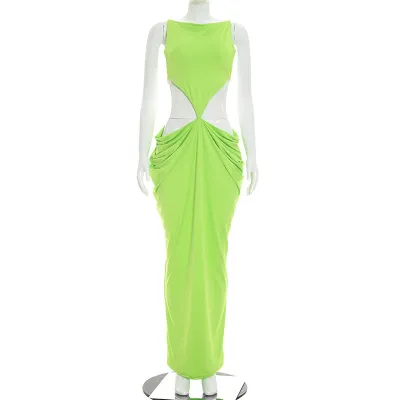 Women Fashion Sexy Summer Solid Color Sleeveless Strap Hollow-Out Backless Pleated Slim Fit Dress