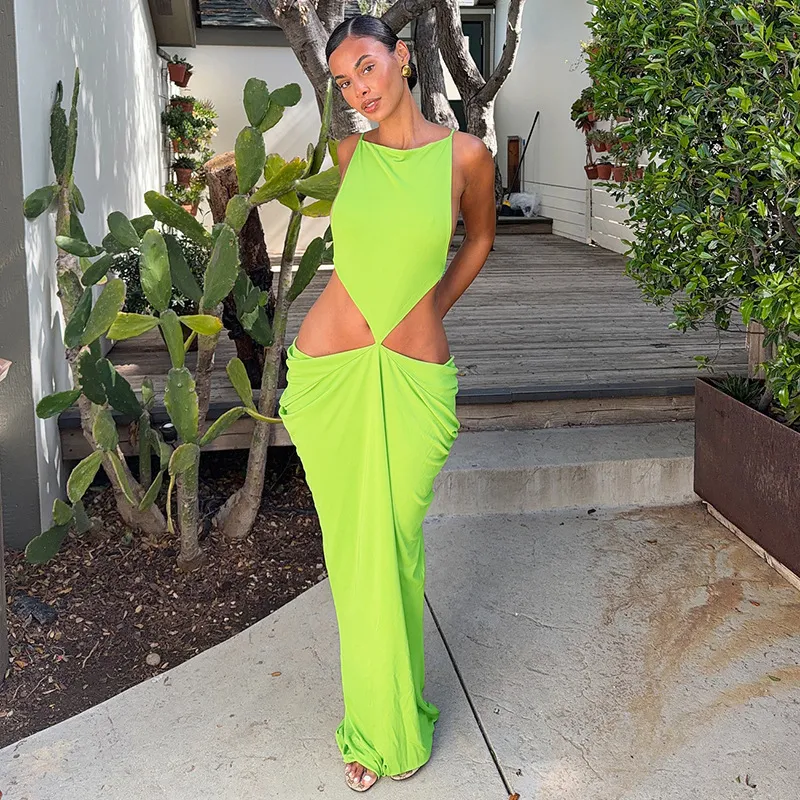 Women Fashion Sexy Summer Solid Color Sleeveless Strap Hollow-Out Backless Pleated Slim Fit Dress