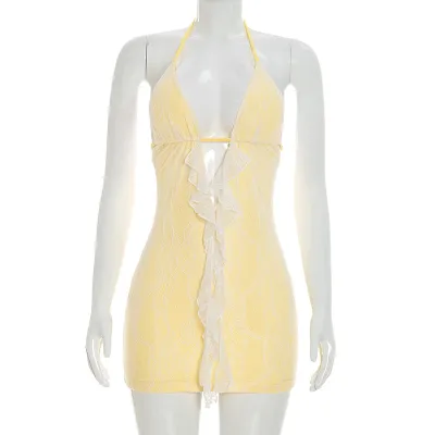 Women Fashion Sexy Summer Solid Color Lace Hollow Halter-Neck Backless Sleeveless Dress