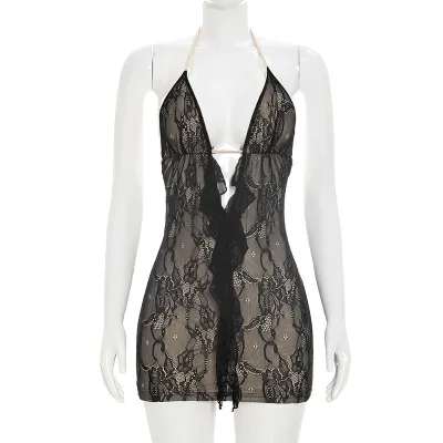 Women Fashion Sexy Summer Solid Color Lace Hollow Halter-Neck Backless Sleeveless Dress