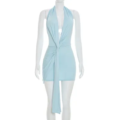 Women Fashion Sexy Summer Solid Color Halter-Neck Deep V Backless Twist Strap Dress