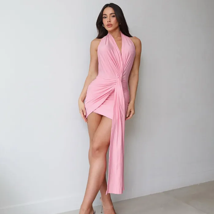 Women Fashion Sexy Summer Solid Color Halter-Neck Deep V Backless Twist Strap Dress