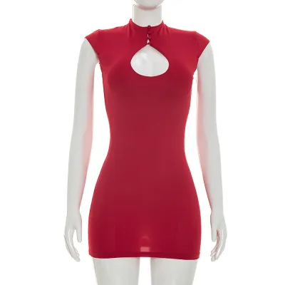 Women Fashion Sexy Summer Solid Color Sleeveless Hollow Tight Dress