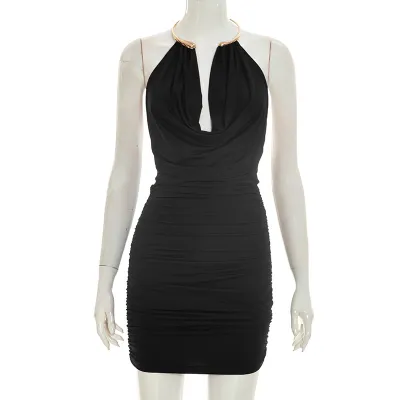 Women Fashion Sexy Summer Solid Color Metallic Neck Swing Collar Sleeveless Dress