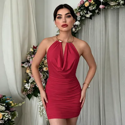 Women Fashion Sexy Summer Solid Color Metallic Neck Swing Collar Sleeveless Dress