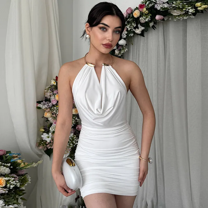 Women Fashion Sexy Summer Solid Color Metallic Neck Swing Collar Sleeveless Dress