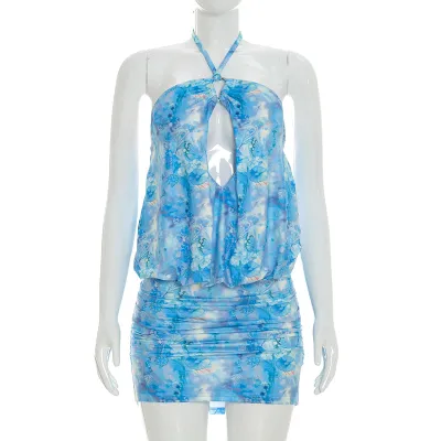 Women Fashion Sexy Summer Printd Halter-Neck Hollow Backless Dress