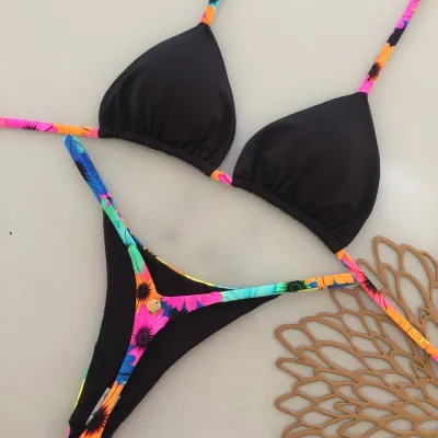 Women Fashion Sexy Printed Halter-Neck Lace-Up Bikini Swimsuit