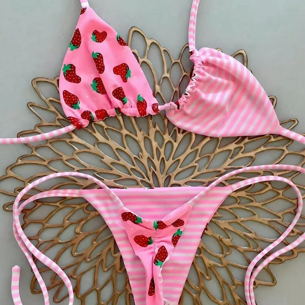 Women Fashion Sexy Printed Halter-Neck Lace-Up Bikini Swimsuit