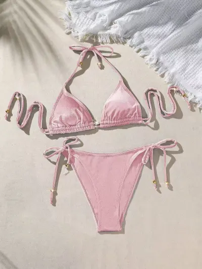 Women Fashion Sexy Solid Color Metal Beads Bikini Swimsuit
