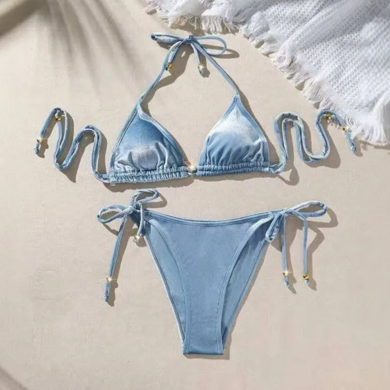 Women Fashion Sexy Solid Color Metal Beads Bikini Swimsuit
