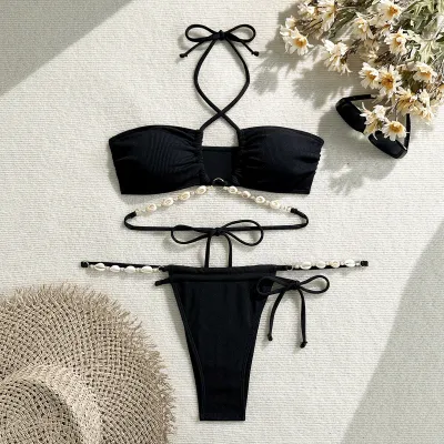 Women Fashion Sexy Solid Color Shell Decoration Halter-Neck Lace-Up Bikini Swimsuit